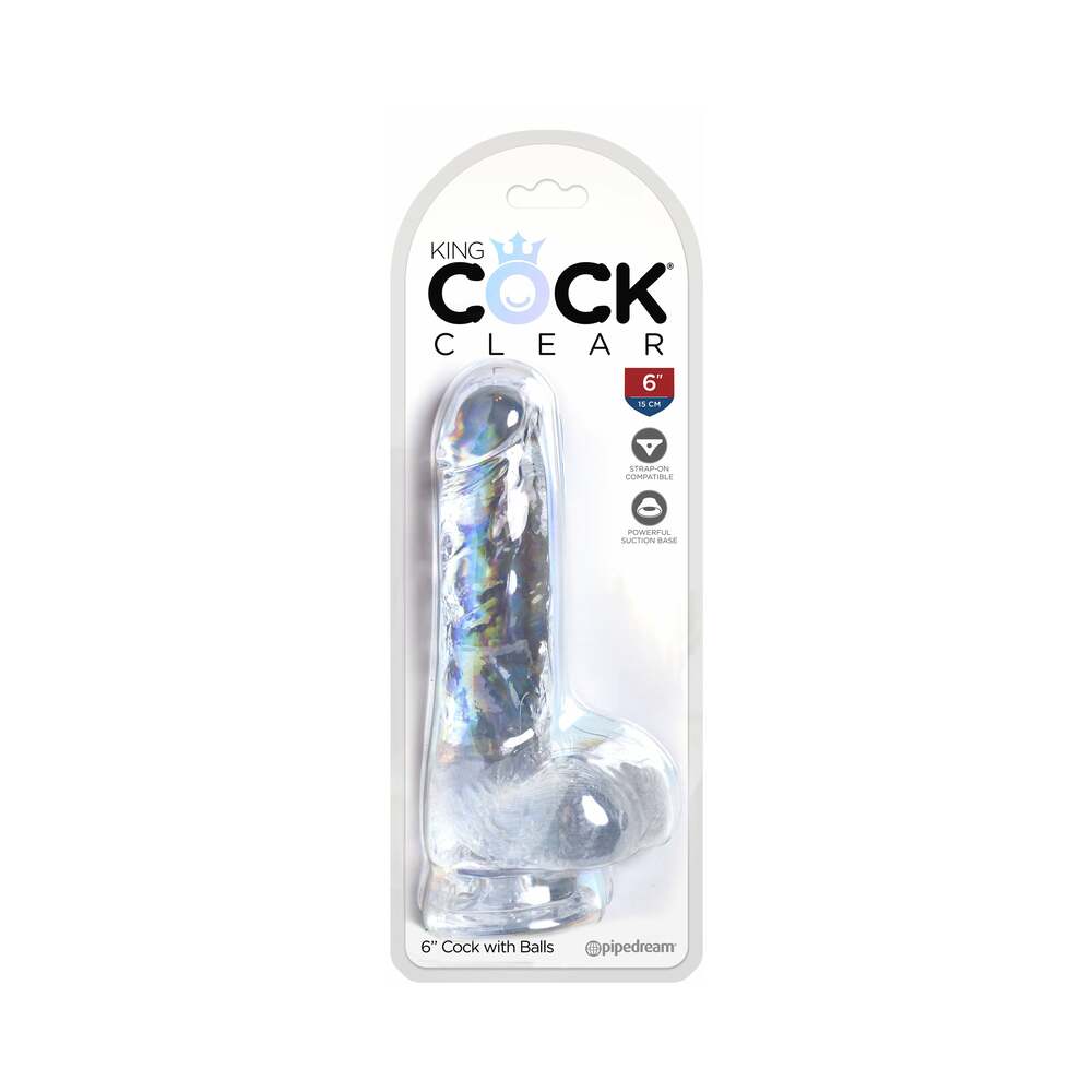 King Cock Clear 6 in. Cock With Balls Realistic Suction Cup Dildo King Cock Clear 6-inch dildo with balls in blister pack