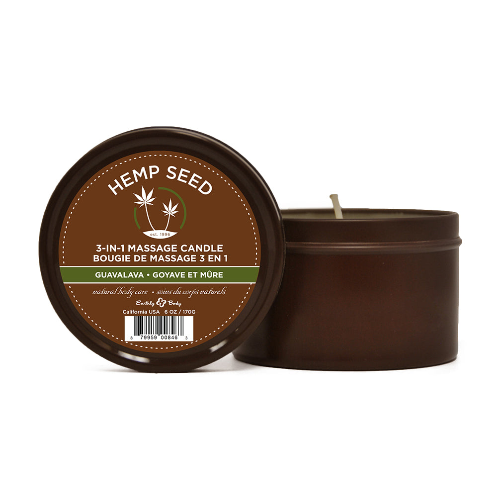 Earthly Body Guavalava Candle Earthly Body Guavalava Candle open brown candle tin beside labeled lid