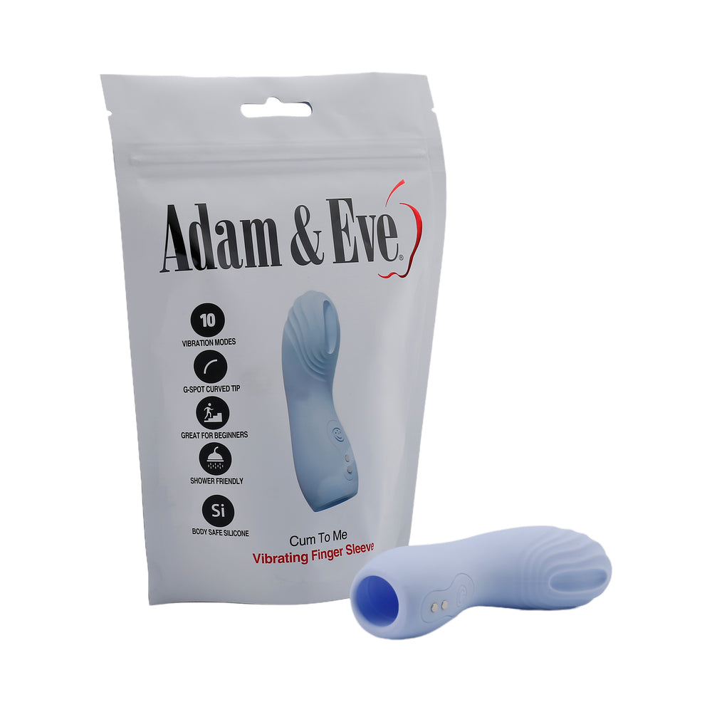 Adam & Eve Cum To Me (Bag Packaging) Periwinkle Adam and Eve Cum To Me finger vibrator beside white bag