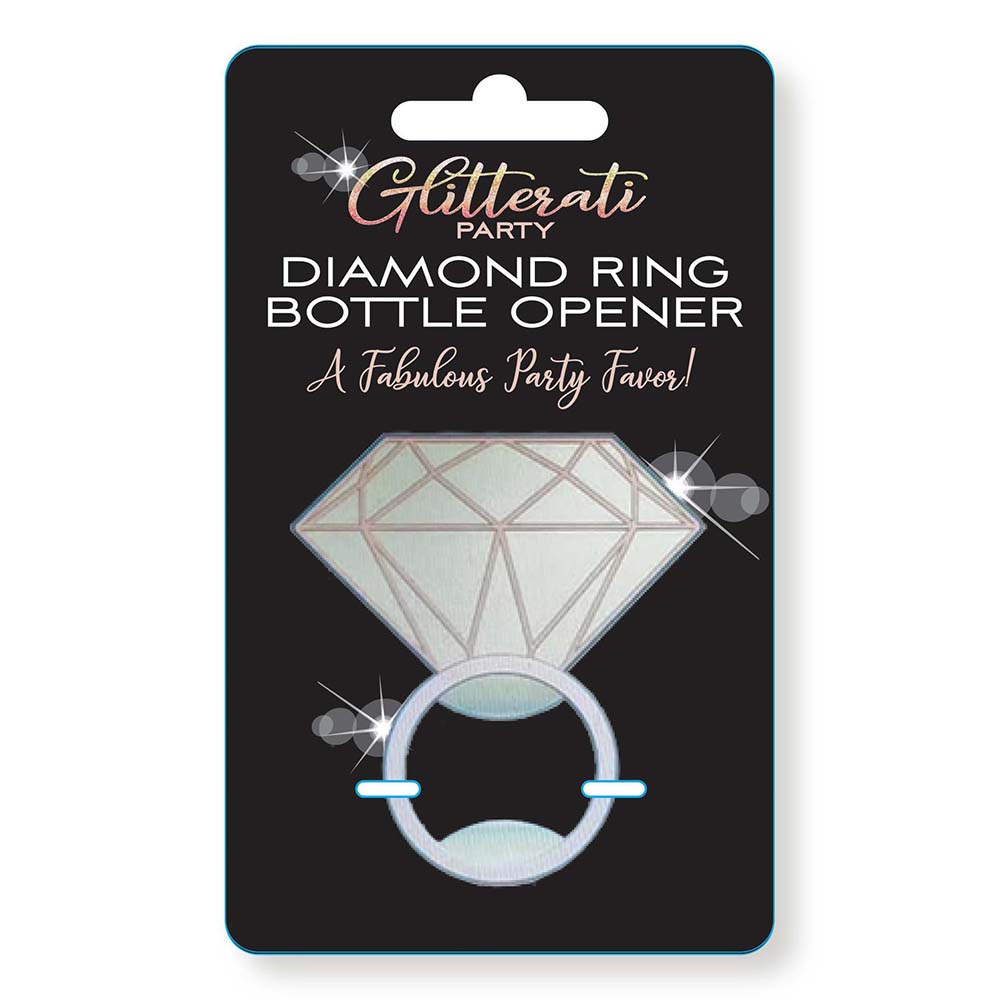 Glitterati Party Diamond Ring Bottle Opener Silver diamond ring bottle opener on black Glitterati card