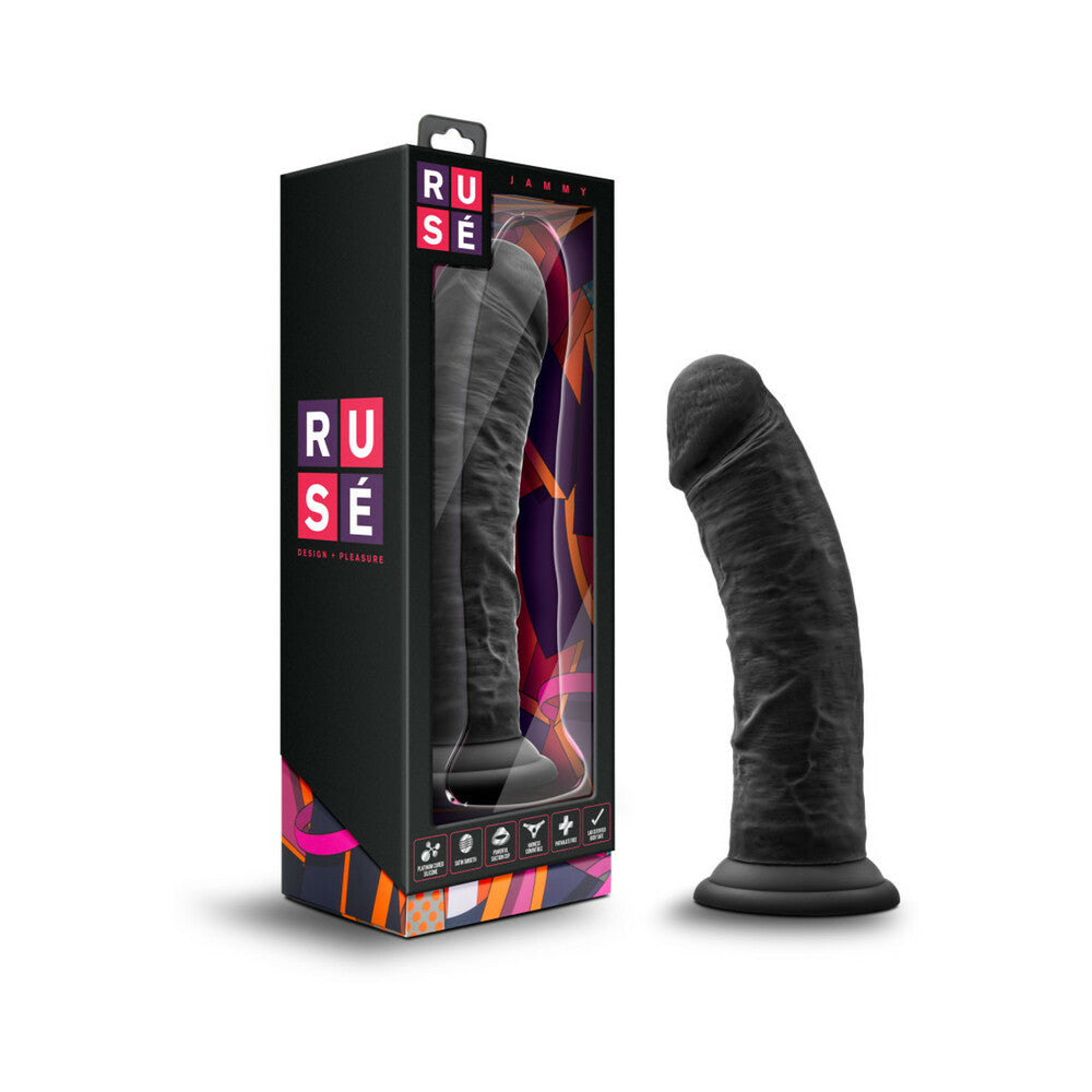 Ruse Jammy Realistic 8 in. Silicone Dildo Black Blush Ruse Jammy black silicone dildo beside black retail box