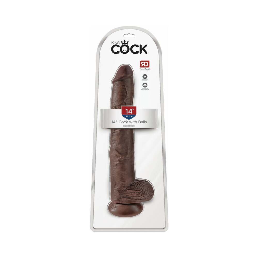 King Cock 14 in. Cock With Balls Realistic Suction Cup Dildo Brown Pipedream King Cock Brown 14 Inch Dildo inside clear-front blister package