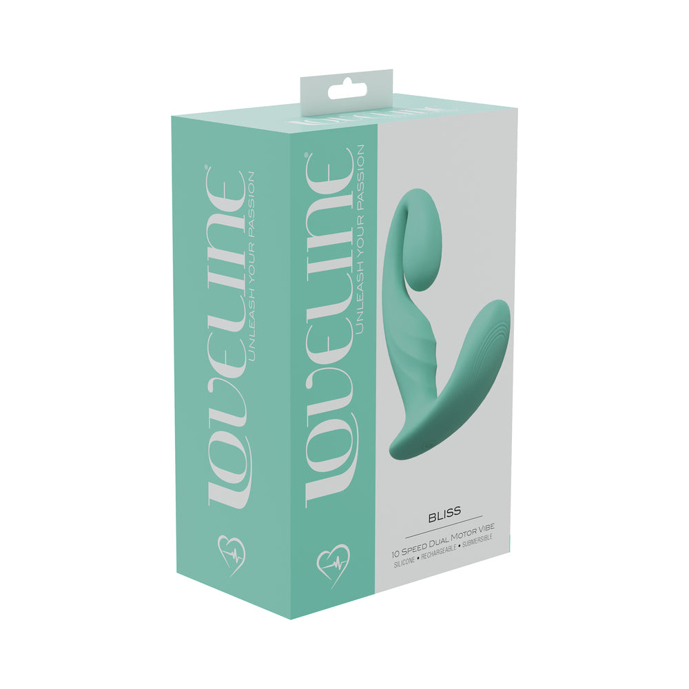 LoveLine Bliss 10 Speed Dual Motor Vibe Sealed Silicone Rechargeable Submersible Green green LoveLine Bliss curved twin-arm vibrator pictured on green box