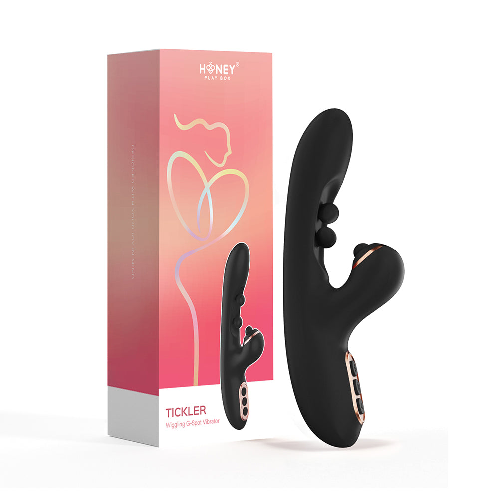 Honey Play Box Tickler Wiggling G-Spot Vibrator & Tapping Clitoral Stimulator Black Black Honey Play Box Tickler wiggling and tapping vibrator beside coral retail box