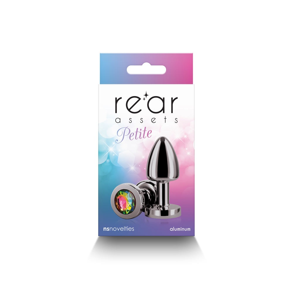 Rear Assets Petite Metal Anal Plug Gunmetal/Rainbow NS Novelties Rear Assets Petite gunmetal anal plug with rainbow jewel front retail package