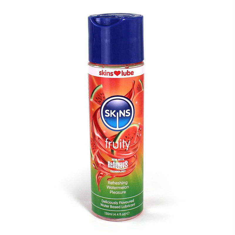 Skins Watermelon Water-Based Lubricant 4 oz. Skins Watermelon 4 oz lubricant bottle with orange label and blue cap