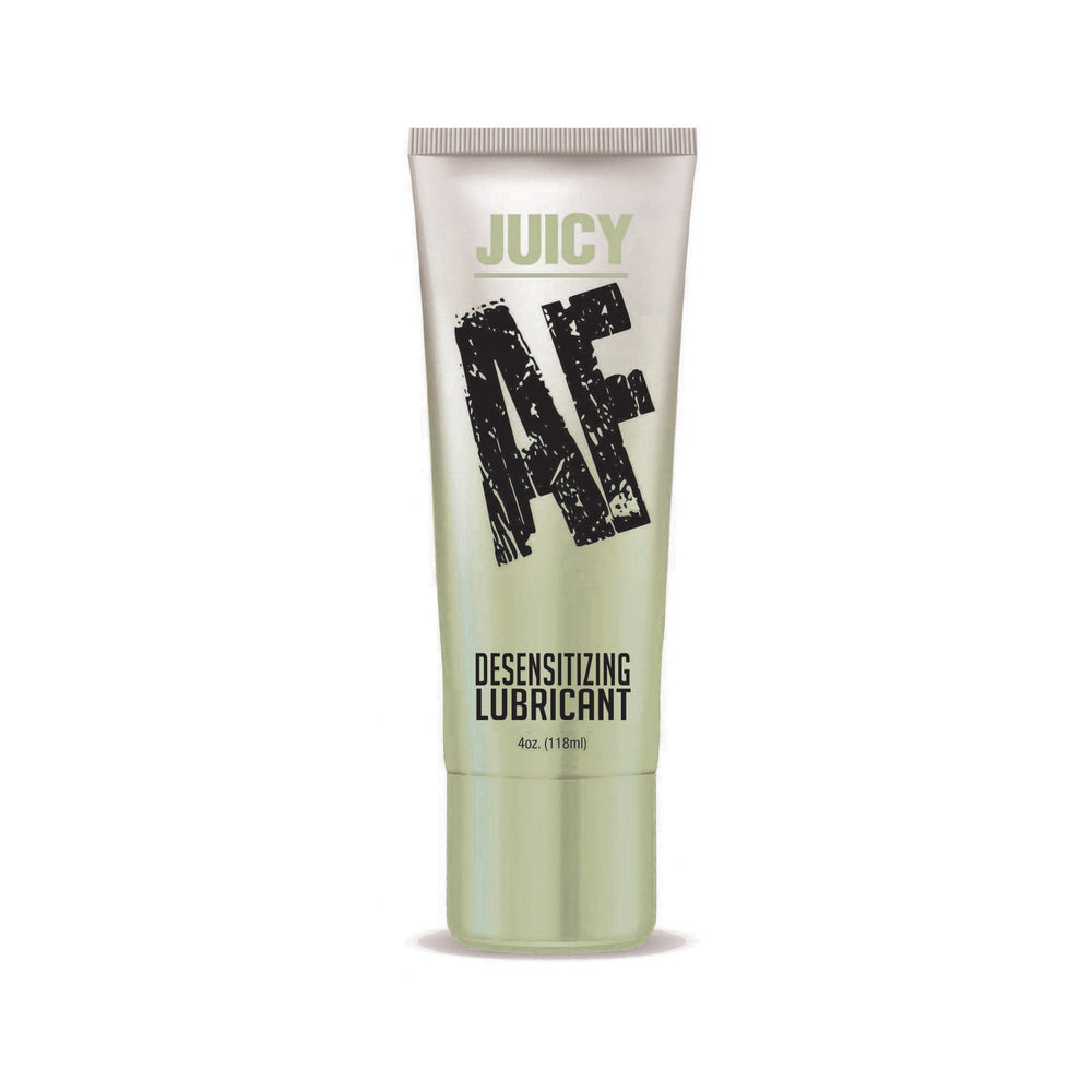 Juicy AF Desensitizing Gel Lubricant 4 oz. Juicy AF 4 oz gel lubricant in silver squeeze tube