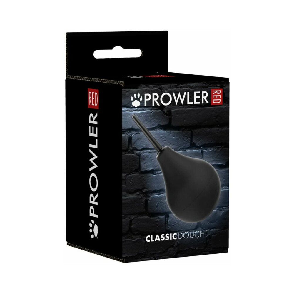 Prowler RED Large Bulb Douche Black Prowler RED large black bulb douche pictured on black Classic Douche retail box with brick wall background