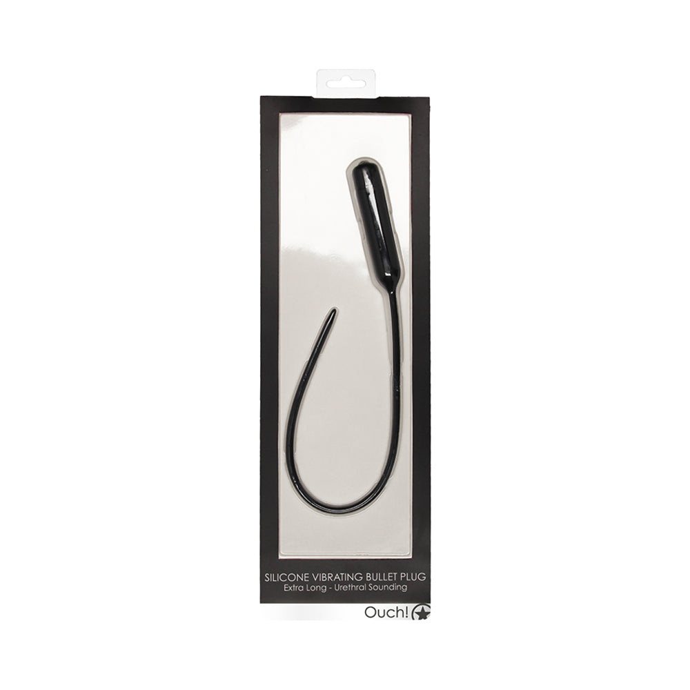 Ouch! Urethral Sounding Extra Long Silicone Vibrating Bullet Plug Black Extra-long black silicone Ouch loop plug in narrow display box