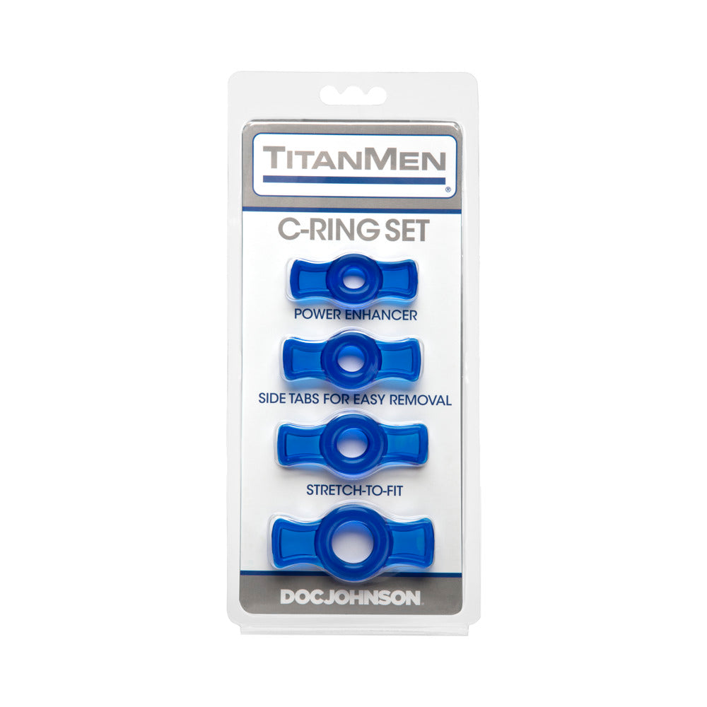 TitanMen - Cock Ring Set Blue TitanMen Blue Ring Set four blue rings mounted on gray retail card