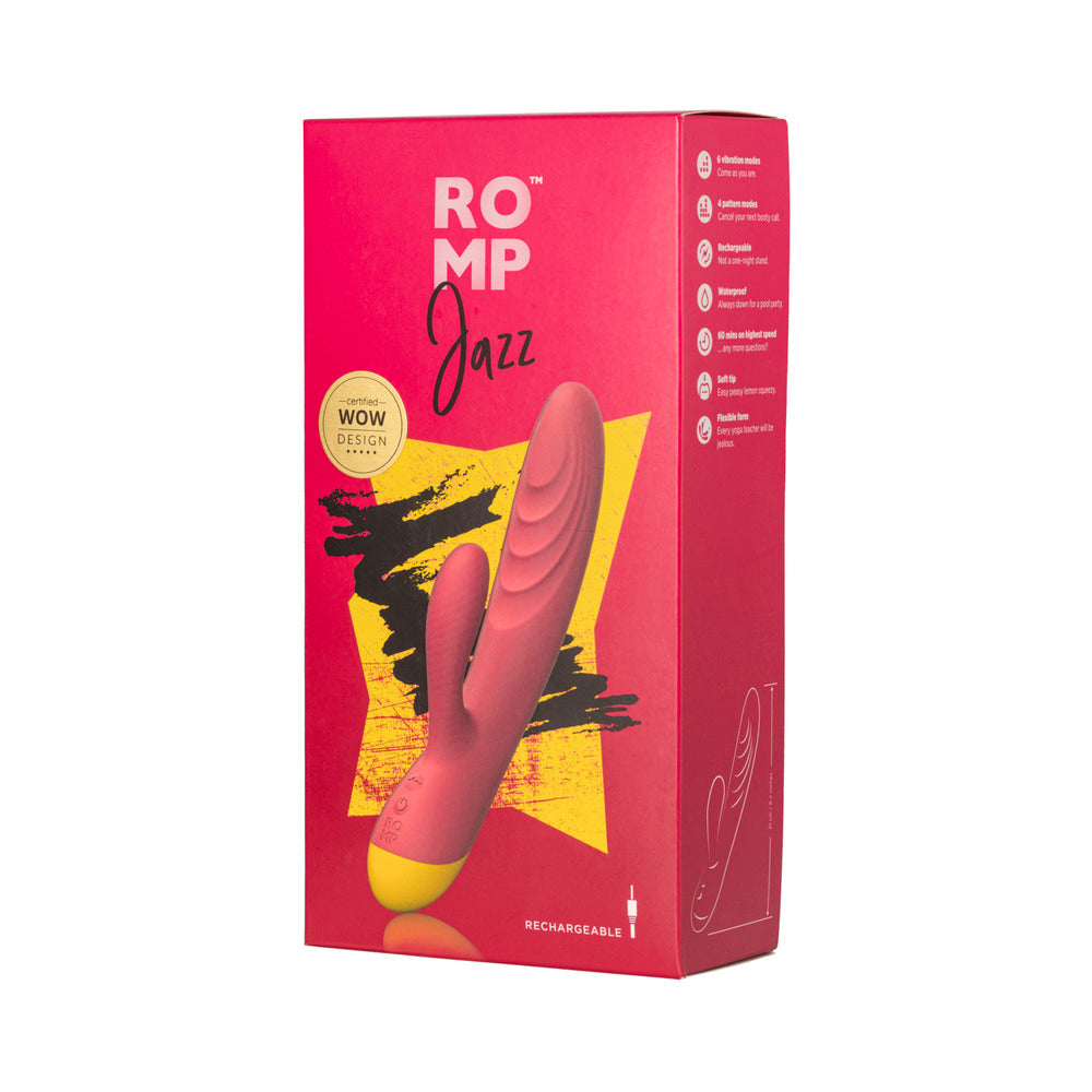 ROMP Jazz Rechargeable Silicone Rabbit Vibrator Berry ROMP Jazz hot pink rabbit vibrator pictured on retail box