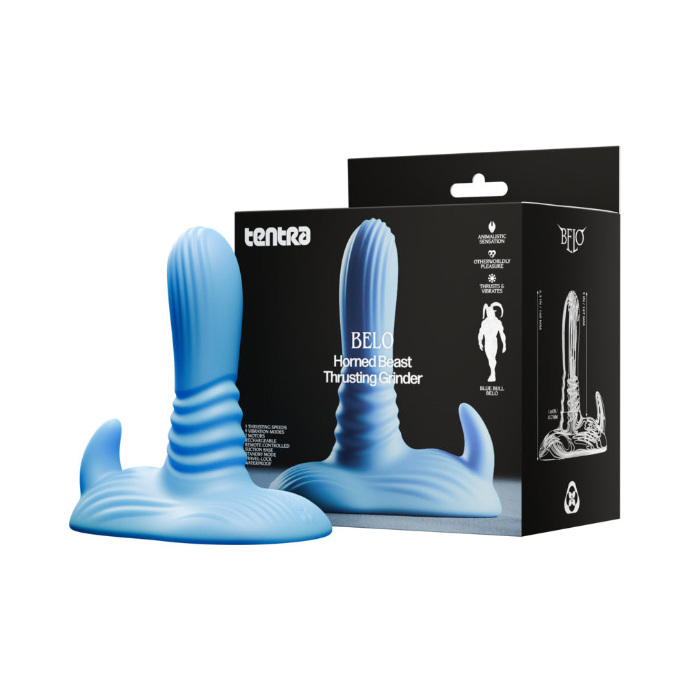 Tentra Belo Horned Beast Thrusting Grinder Blue Tentra Belo blue horned-beast grinder beside black retail box