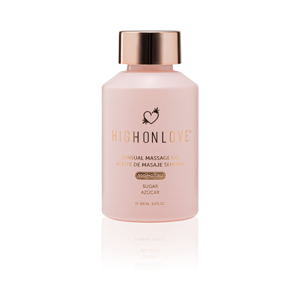 HighOnLove CBD Sensual Massage Oil Sugar High pink HighOnLove Sugar High CBD massage oil bottle with rose-gold cap