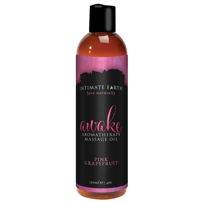 Intimate Earth Awake Massage Oil 120 ml/4 oz Intimate Earth Awake Massage Oil amber 4 oz bottle with black pink grapefruit label