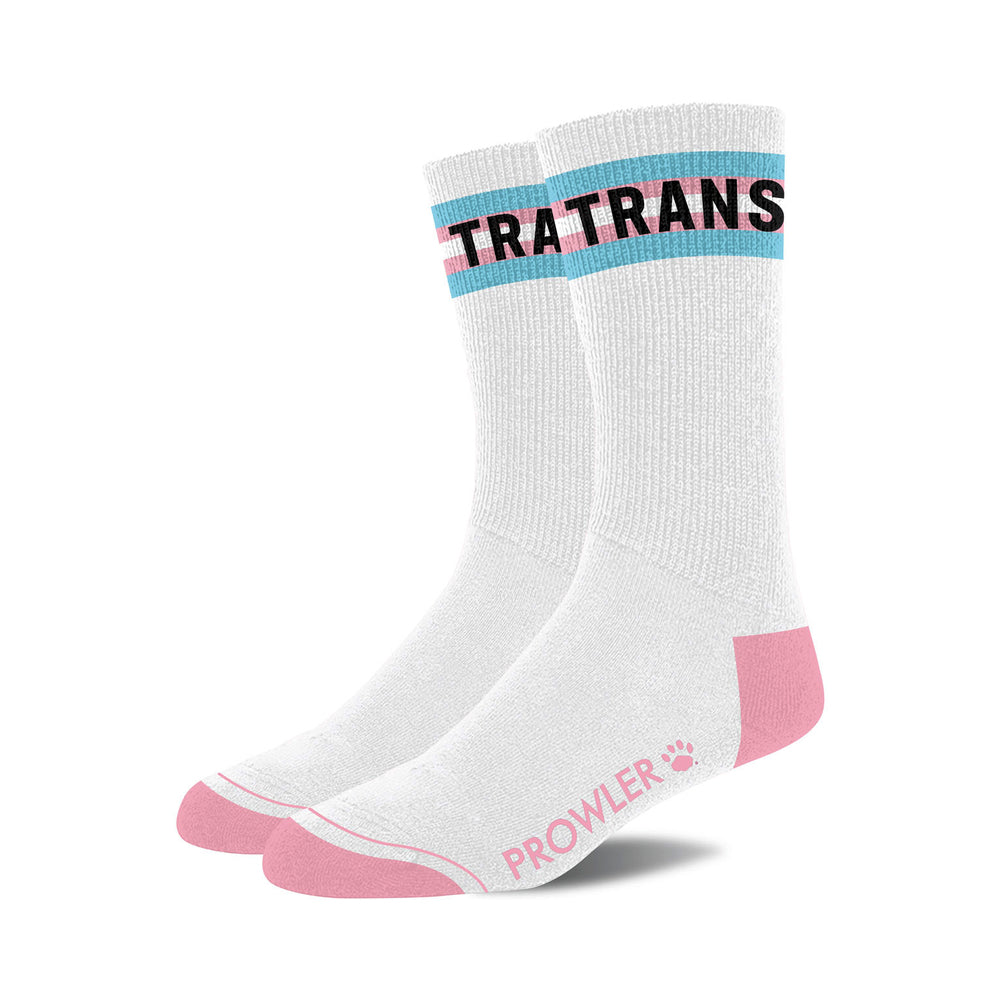 Prowler Trans Socks pair of white Prowler Trans socks with pink toes and blue pink white cuffs