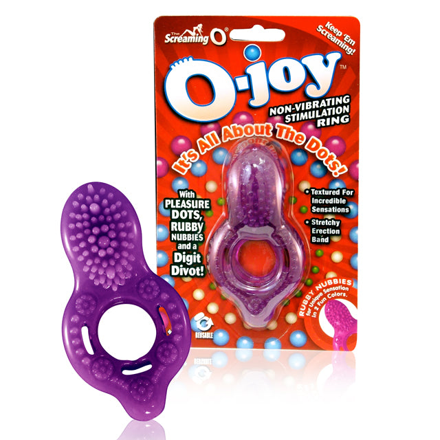 Screaming O O-joy Cock Ring Purple Purple Screaming O O-Joy textured cock ring beside its red retail card