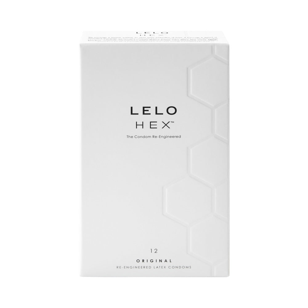 LELO HEX Original Lubricated Latex Condoms 12-Pack Front view of white LELO HEX Original 12-count carton