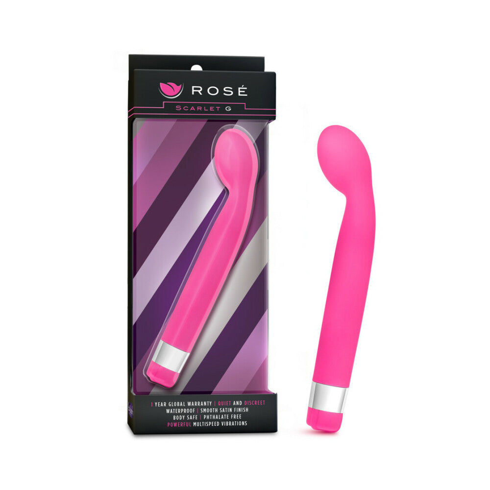 Rose Scarlet G Slimline G-Spot Vibrator Pink Rose Scarlet G pink curved vibrator beside retail box
