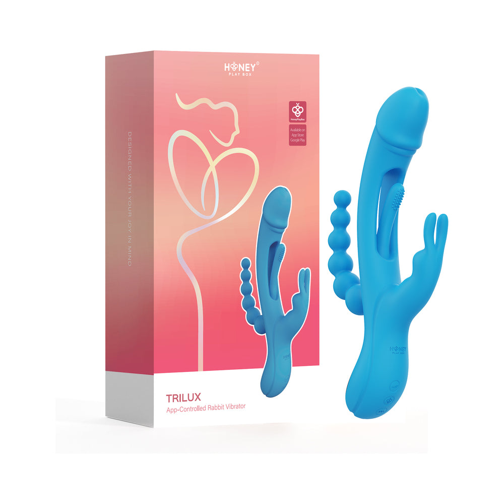Honey Play Box Trilux Kinky Finger Rabbit Vibrator with Anal Beads Blue Blue Trilux multi-arm rabbit vibrator standing beside pink Honey Play Box