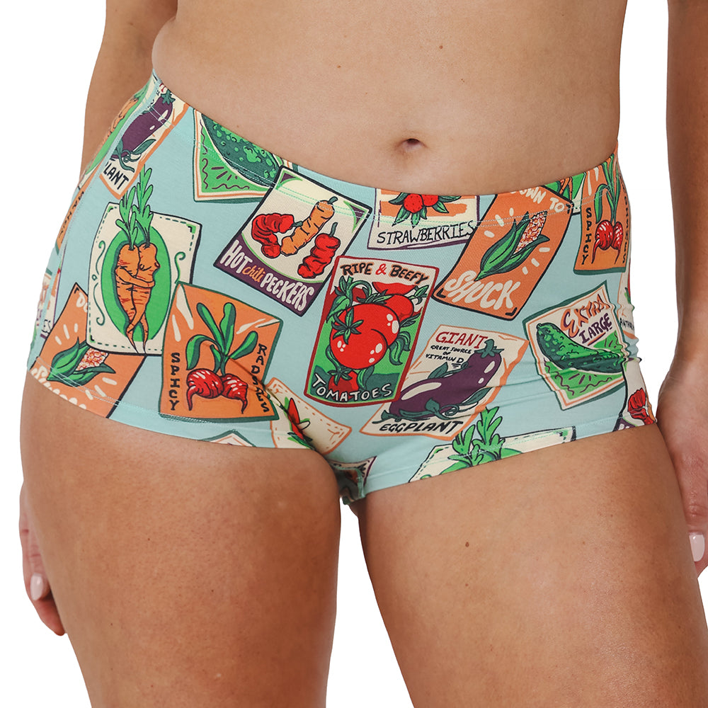 Shinesty Need for Seed Boyshort 2XL Shinesty Need for Seed pale-green produce print boyshort size 2XL straight front view showing the multicolor label print