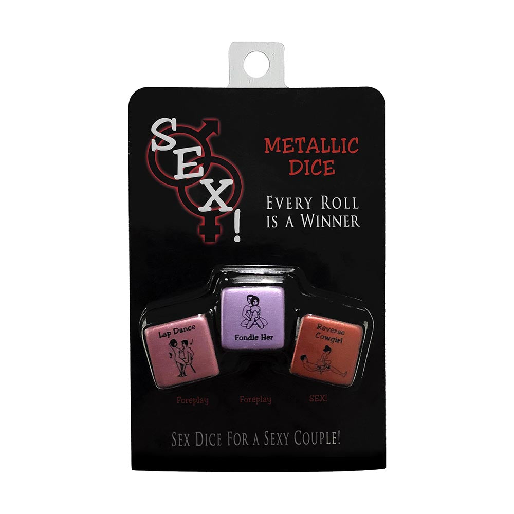 SEX! Metallic Dice Game three pink purple and orange SEX metallic dice on black retail card
