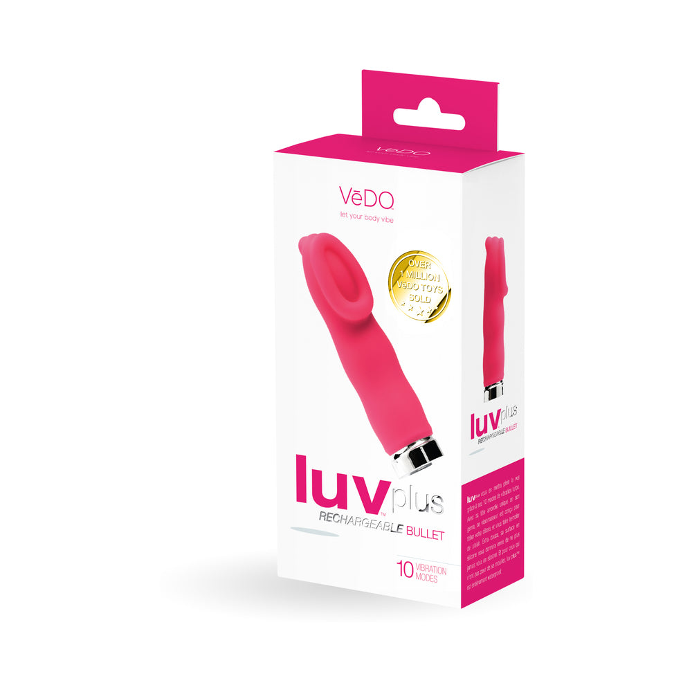 VeDO Luvplus Rechargeable Vibe - Foxy Pink VeDO Luvplus Foxy Pink Loop-Tip Vibrator white pink retail carton three-quarter front