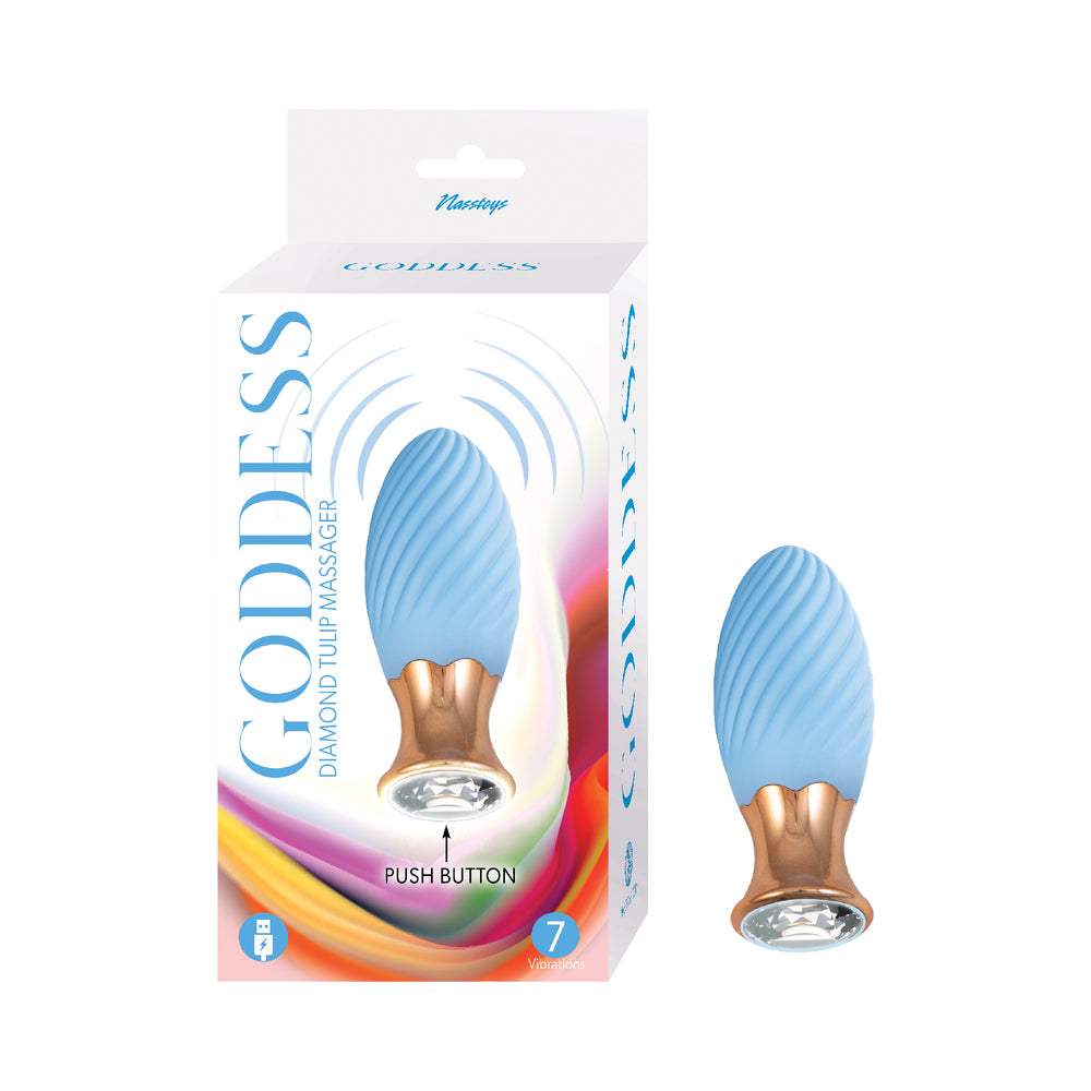 Goddess Diamond Tulip Massager Blue blue ribbed Goddess Diamond Tulip bullet massager with gold-tone base