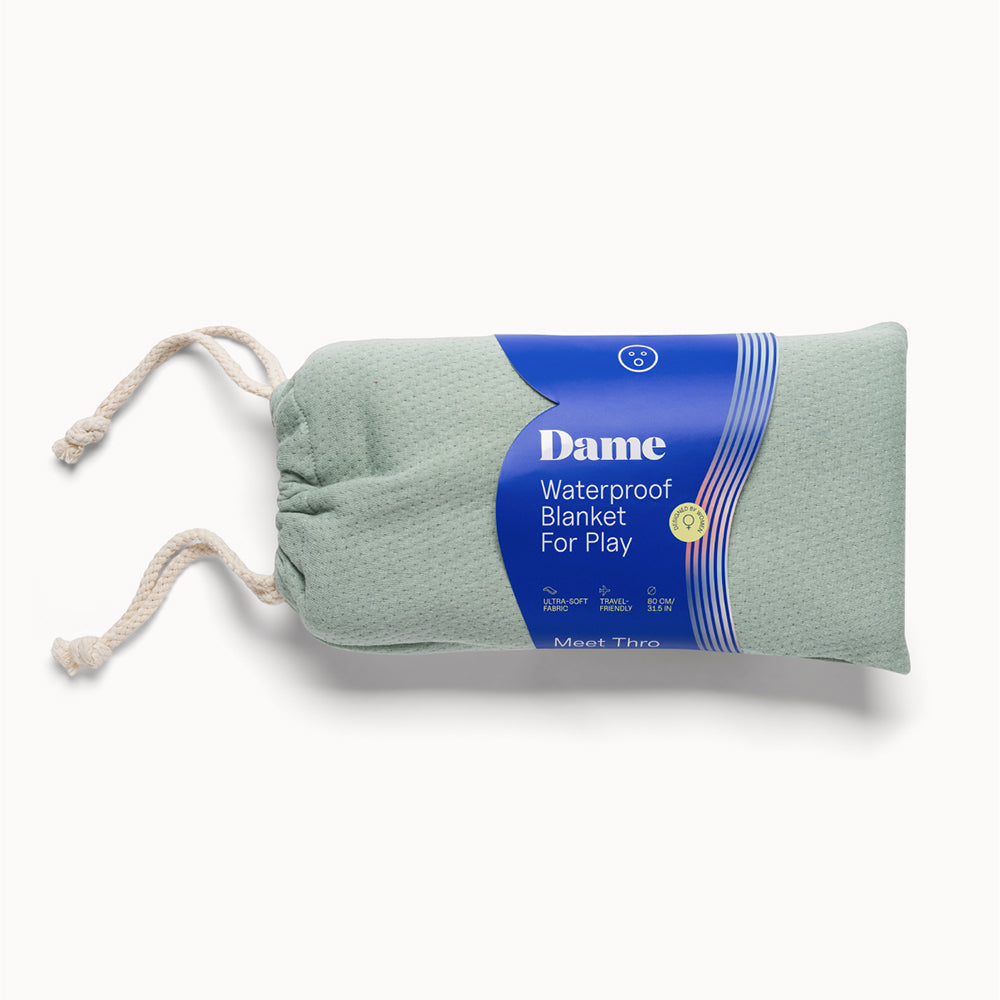 Dame Thro Waterproof Sex Blanket Sage Dame Thro Sage waterproof blanket in drawstring pouch