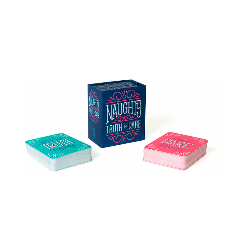 Naughty Truth or Dare Game Naughty Truth or Dare dark box beside teal truth and pink dare card stacks