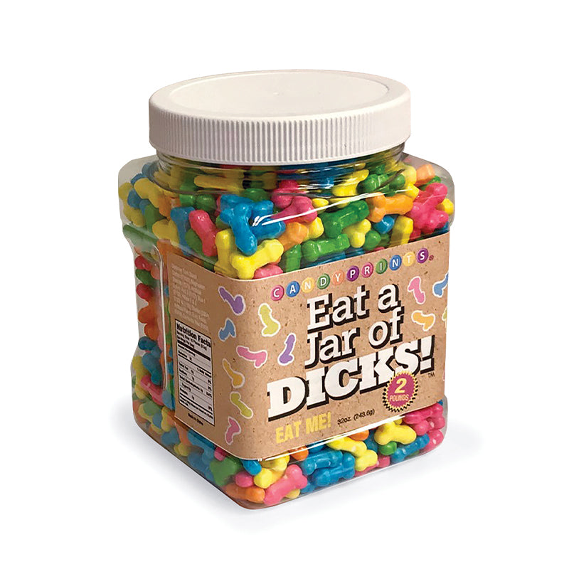 Eat A Jar Of Dicks 2 lbs. Clear 2 lb jar filled with assorted penis-shaped candy and white lid