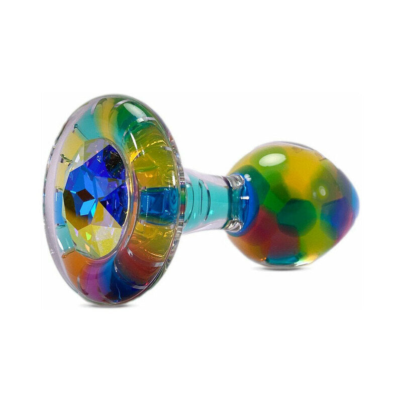 Crystal Delights Funfetti Plug with Gem Aurora Borealis clear Funfetti glass plug with multicolor inclusions and Aurora gem base