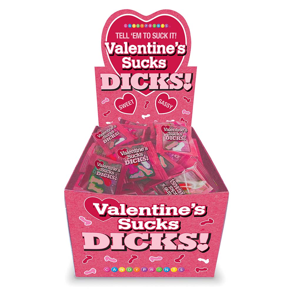 Valentine''s Sucks Dicks 100-Pack Display pink Valentine's Sucks Dicks display holding 100 individual mini-packs