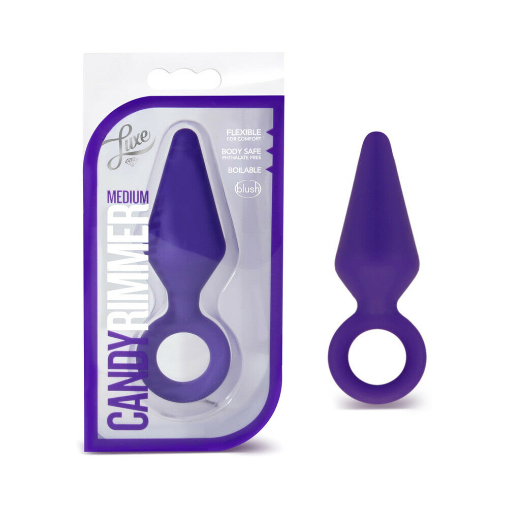Luxe Candy Rimmer Medium Silicone Anal Plug Purple Luxe Candy Rimmer Medium purple plug beside retail package