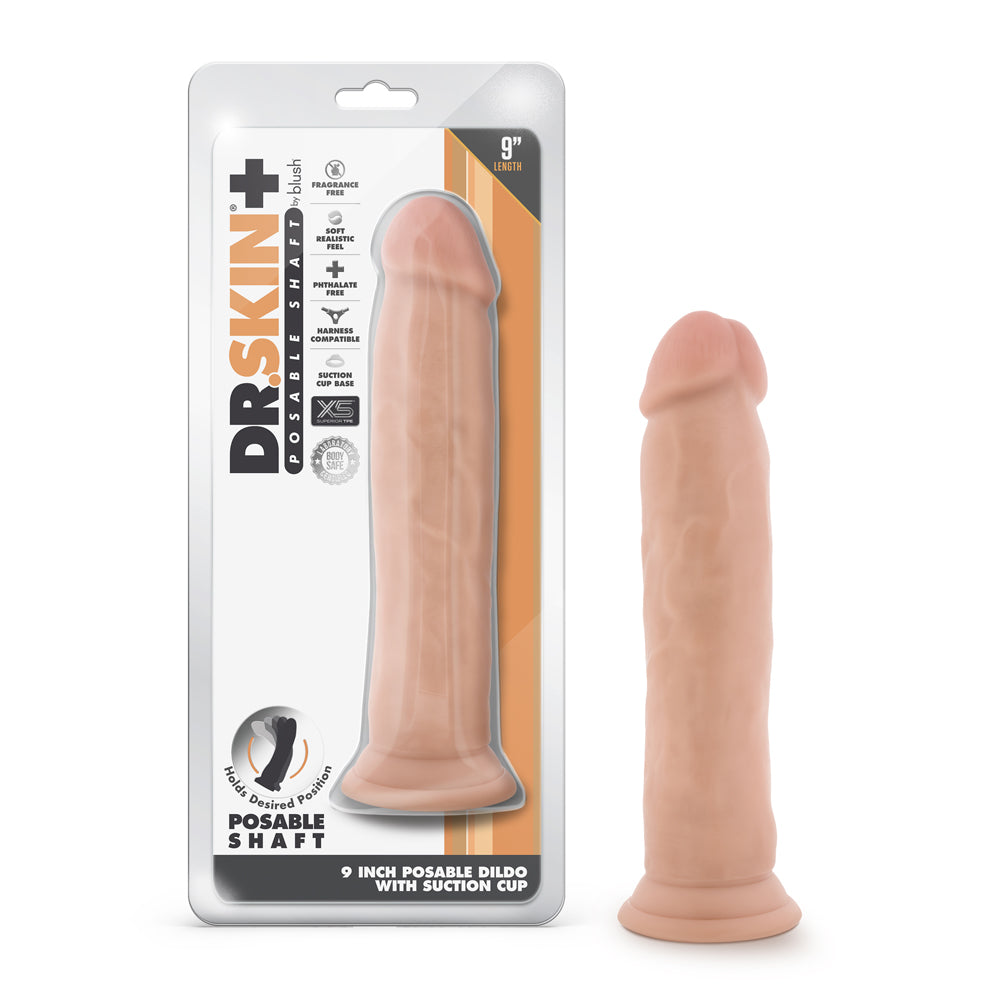 Dr. Skin Plus Thick 9 in. Triple Density Posable Dildo Beige Dr. Skin Plus Thick beige 9-inch dildo with retail pack