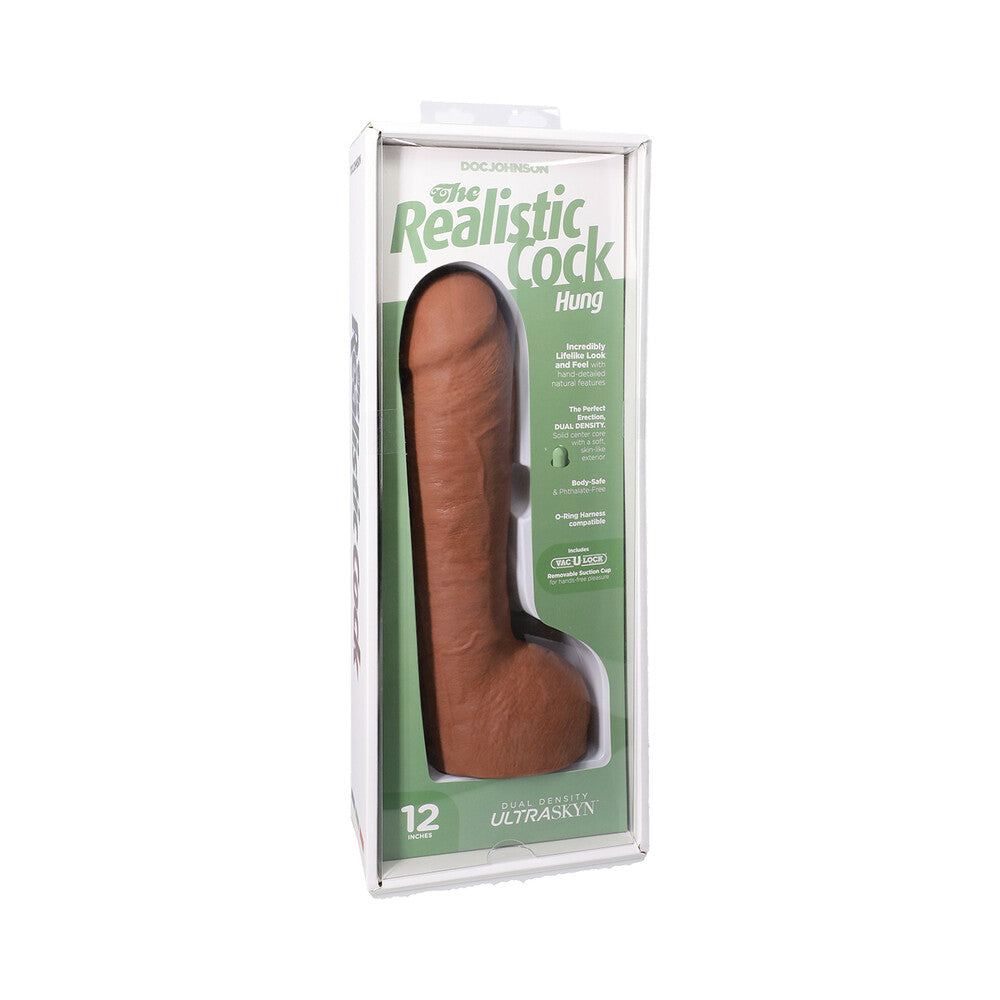 The Realistic Cock Hung 12 in. ULTRASKYN Vac-U-Lock Dildo Caramel 12-inch caramel Realistic Cock Hung ULTRASKYN dildo in green window package