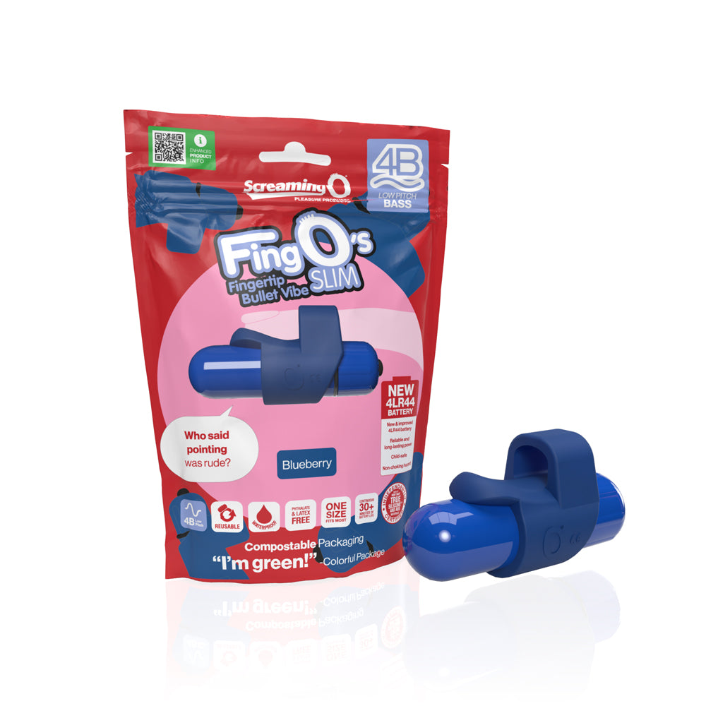 Screaming O 4B FingO Slim Blueberry blue Screaming O 4B FingO Slim finger vibrator beside red pouch