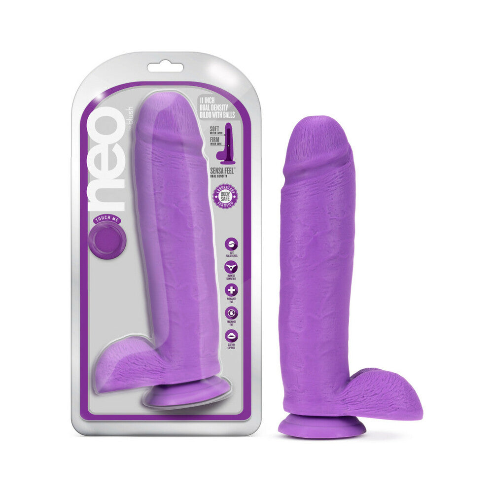 Neo 11 in. Dual Density Dildo with Balls Neon Purple Blush Neo neon-purple 11-inch dildo with retail pack