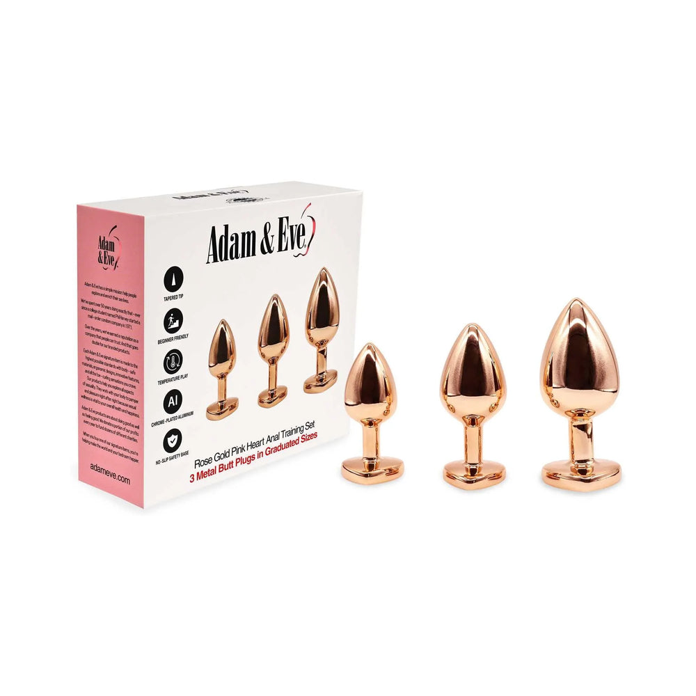 Adam & Eve Rose Gold Pink Heart Anal Plug Training Set Adam and Eve box with three rose-gold plugs in graduated sizes