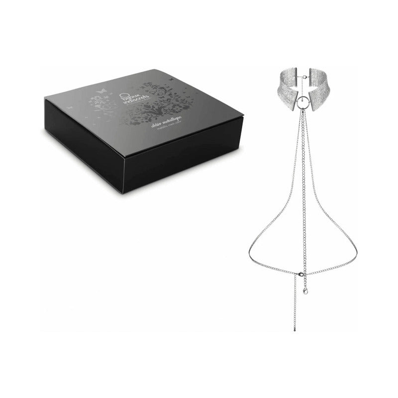 Bijoux Indiscrets Desir Metallique Mesh Collar Silver silver Desir Metallique mesh collar with long draped chains beside black presentation box