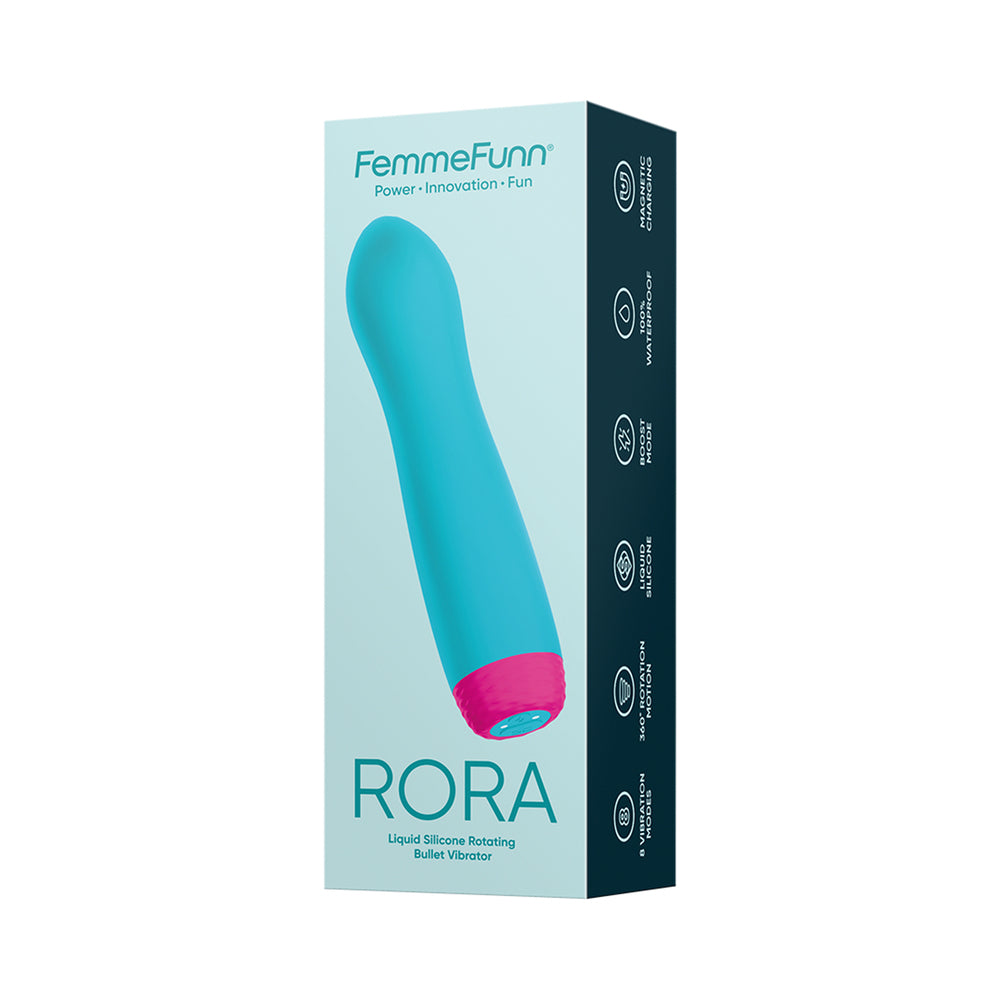 FemmeFunn Rora Rechargeable Silicone Rotating Bullet Vibrator Turquoise FemmeFunn Rora turquoise rotating bullet retail box