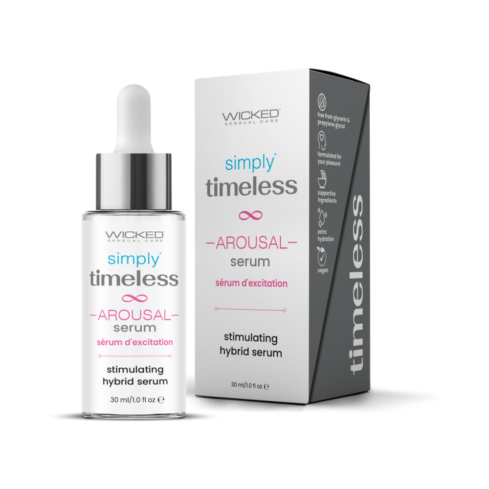 Wicked Simply Timeless Arousal Serum 0.1 oz. Wicked Simply Timeless 0.1 oz serum clear dropper bottle beside retail carton