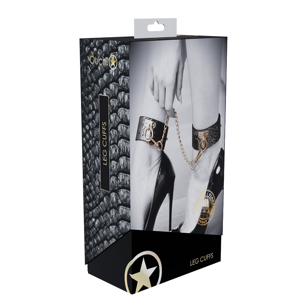 Ouch! International Florence Collection Leg Cuffs Black black and silver snakeskin Florence leg cuffs with gold chain on box