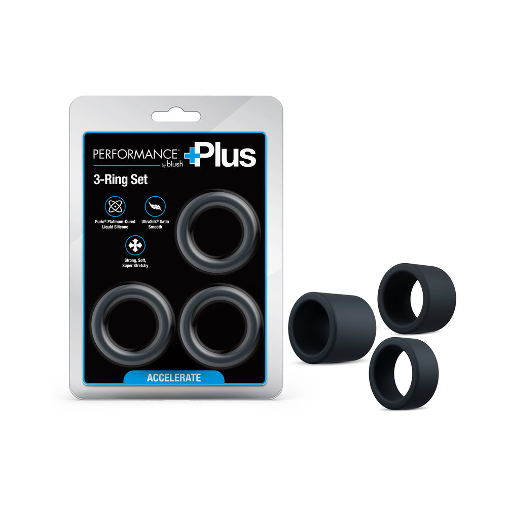 Performance Plus Accelerate Black Performance Plus Accelerate three black rings beside package