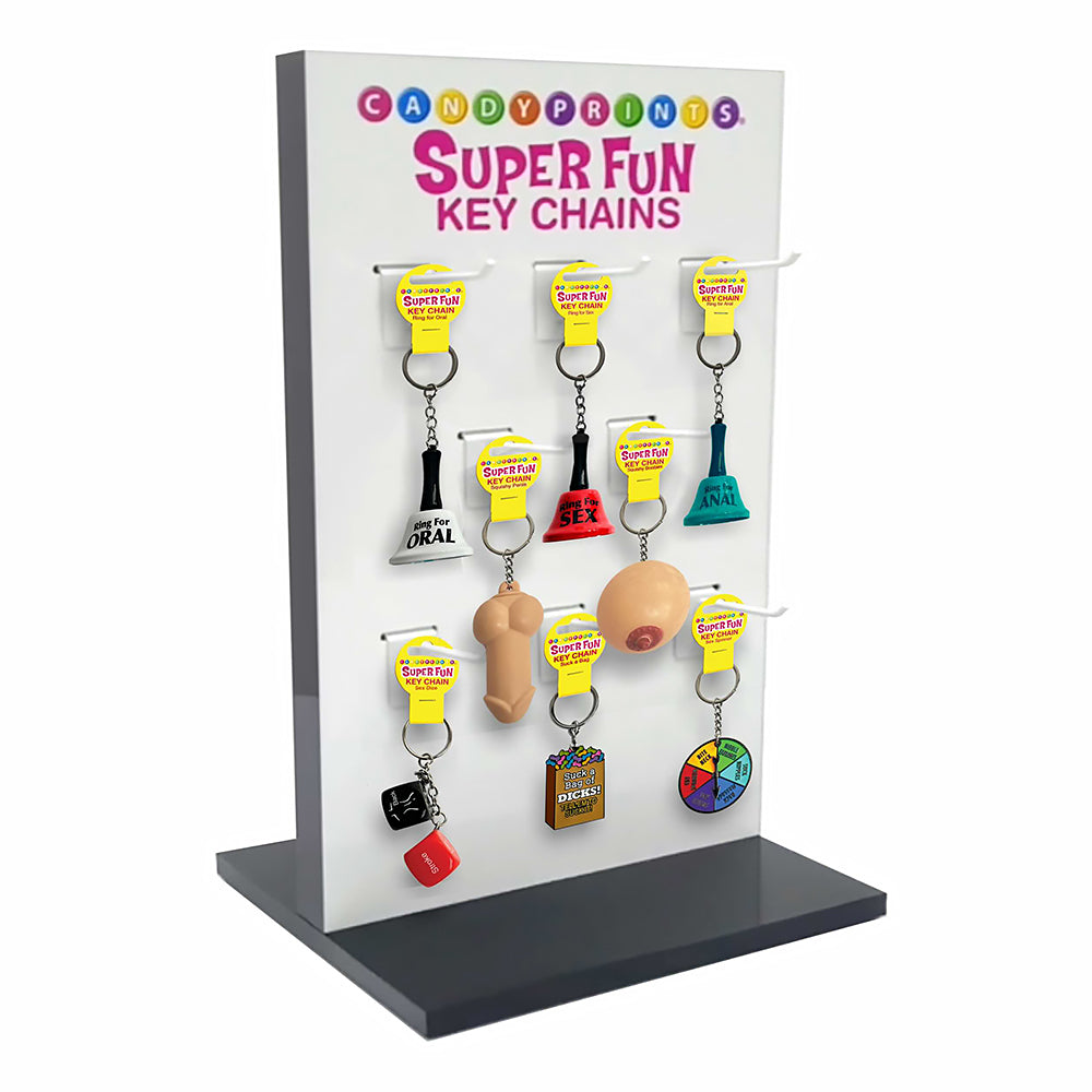 Display Spinner Little Genie/Super Fun white Little Genie Super Fun display panel with eight novelty keychains