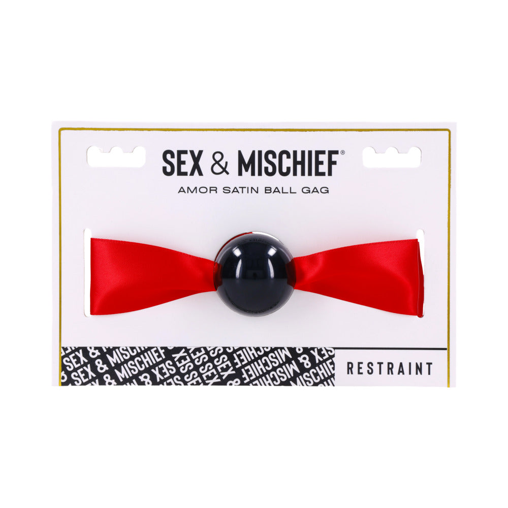 Sportsheets Sex & Mischief Amor Satin Ball Gag black Sportsheets Amor ball gag threaded on wide red satin ribbon hang card