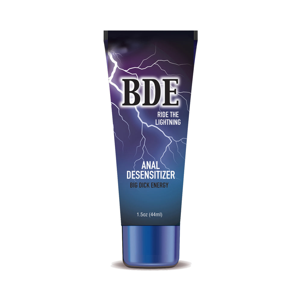 BDE Anal Desensitizer Dark BDE 1.5 oz cream tube with blue cap and lightning label