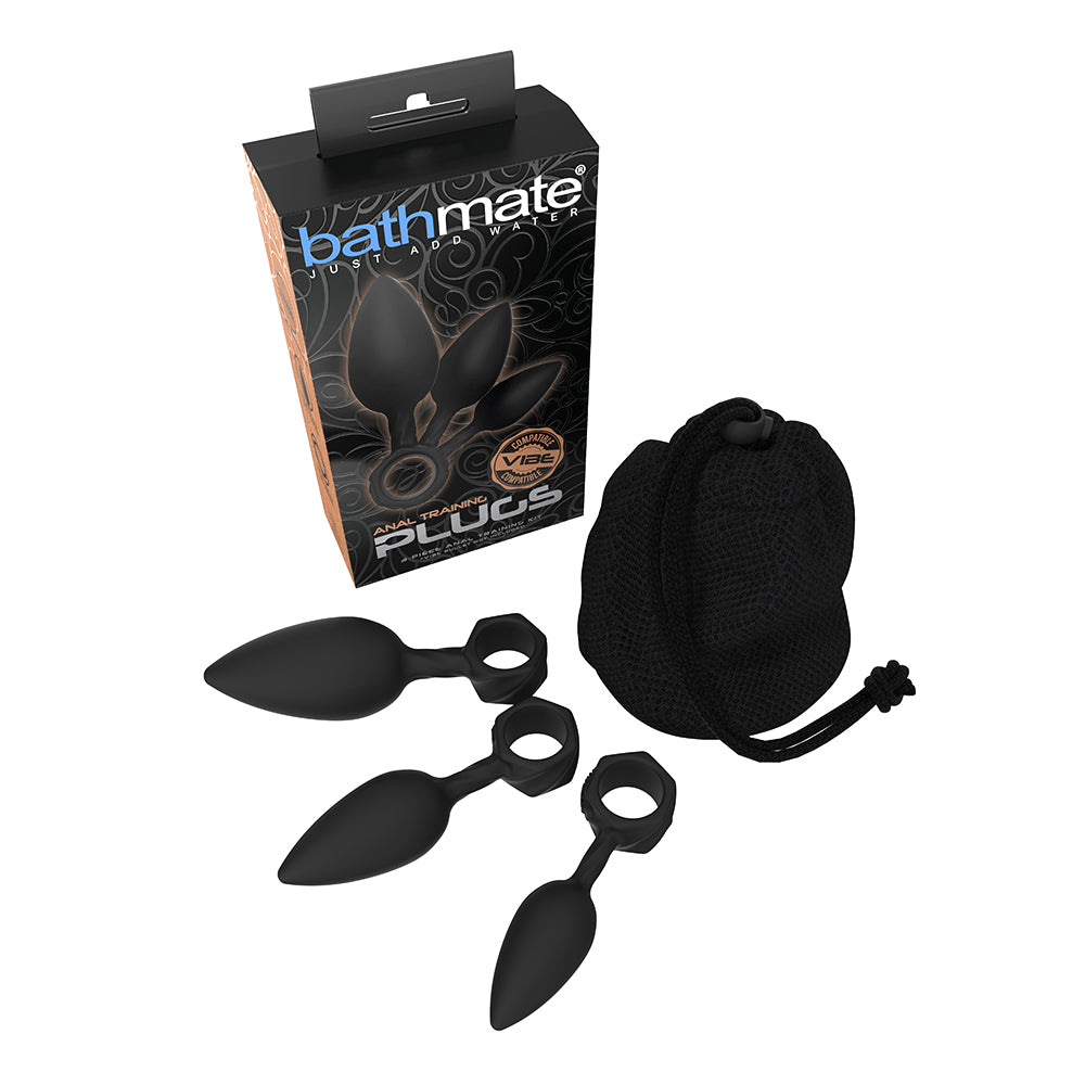 Bathmate Anal Training Plugs 4-Piece Kit three black Bathmate anal training plugs with ring bases, box and pouch