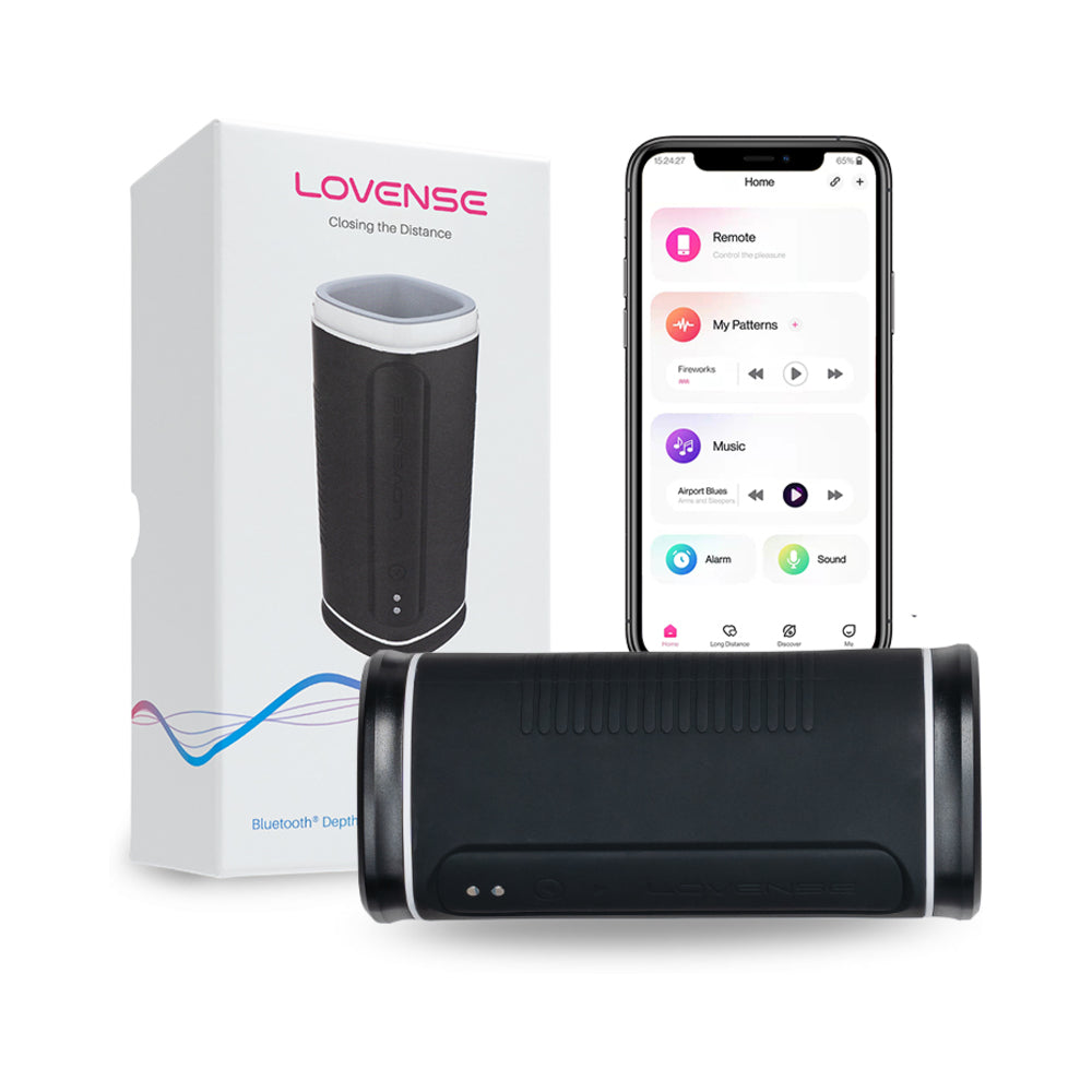 Lovense Calor Bluetooth Depth-Controlled Vibrating and Heating Masturbator Lovense Calor black masturbator beside box and app screen