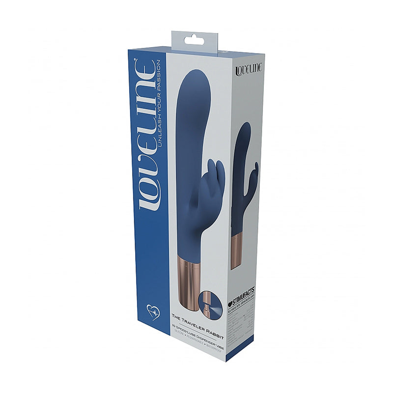 LoveLine Traveler Rabbit Silicone Rechargeable Splashproof Blue/Grey blue-gray LoveLine Traveler Rabbit vibrator displayed in blue and white box