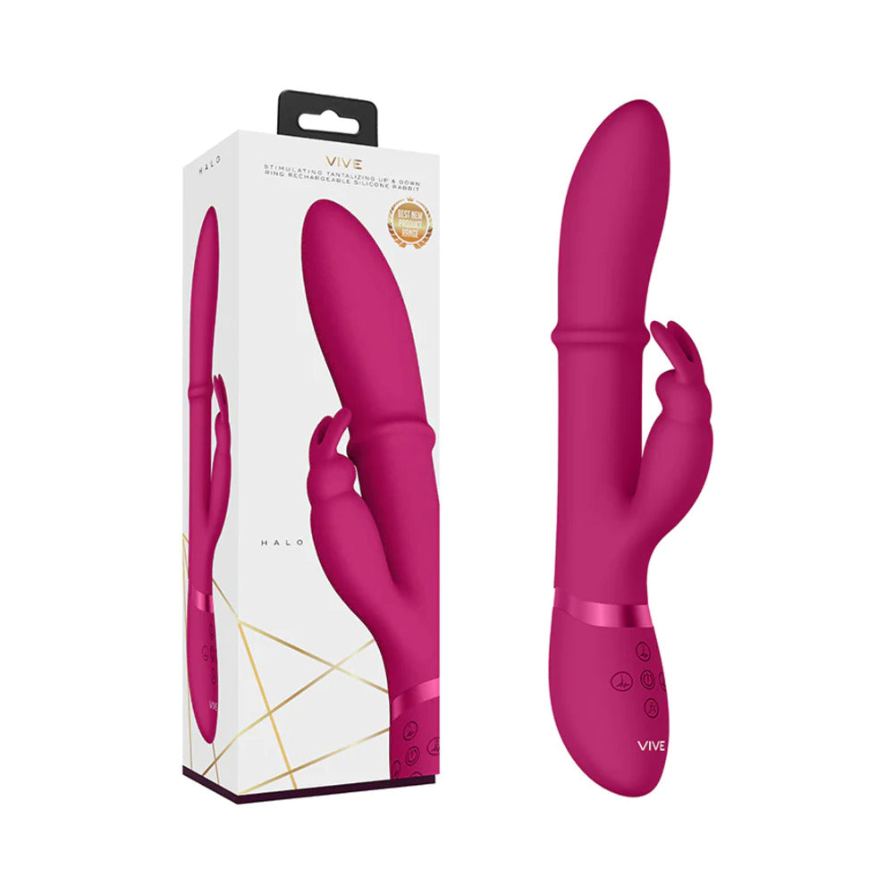VIVE HALO Rechargeable Stimulating Ring Silicone Rabbit Vibrator Pink Pink VIVE HALO rabbit vibrator with integrated shaft ring beside box